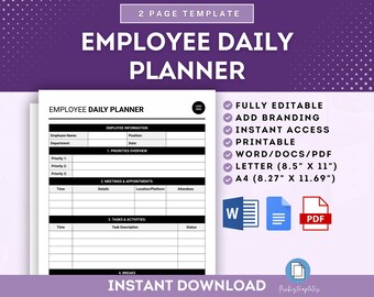 Employee Daily Planner Template, Workday Organizer, Employee Task Planner, Daily Work Schedule Template, Productivity Planner Template