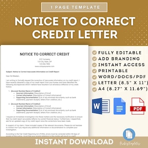 Peut inclure: Un document blanc intitulé « AVIS DE CORRECTION DE LETTRE DE CRÉDIT » avec un fond doré. Le document comprend des sections pour les informations de compte et les corrections. Comprend « ENTIÈREMENT MODIFIABLE » et « ACCÈS INSTANTANÉ ».