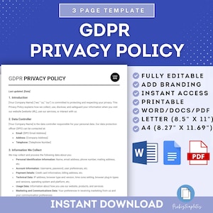 以下が含まれることがあります： GDPRプライバシーポリシー文書用の青と白のデジタルダウンロードテンプレート。テンプレートは完全に編集可能で、ブランディングオプションが含まれています。ドキュメントはWord、Docs、PDF形式で入手でき、レター（8.5インチx 11インチ）とA4（8.27インチx 11.69インチ）のサイズで印刷できます。