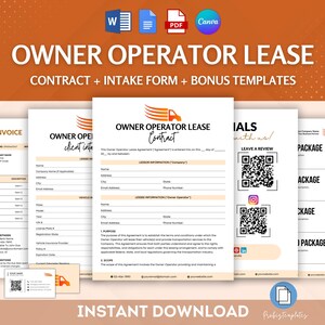 May include: A digital download of a printable owner operator lease contract, intake form, and bonus templates. The document is designed for use by trucking companies and owner operators. The document is available in a variety of formats, including Word, PDF, and Canva.