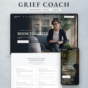 Könnte beinhalten: Eine digitale Darstellung des WordPress-Themes Grief Coach von Linden, mit einem Laptop-Bildschirm, der eine Website mit dem Text Room to Grieve zeigt, und einem Handy-Bildschirm mit dem Text Let the next direction take shape.