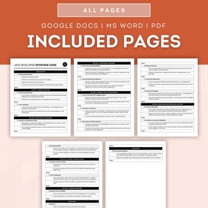 May include: A black and white guide with the title "Java Developer Interview Guide" on a white background. The guide includes sections on introduction, educational background, technical skills and experience, behavioral and situational questions, and a final interview evaluation.