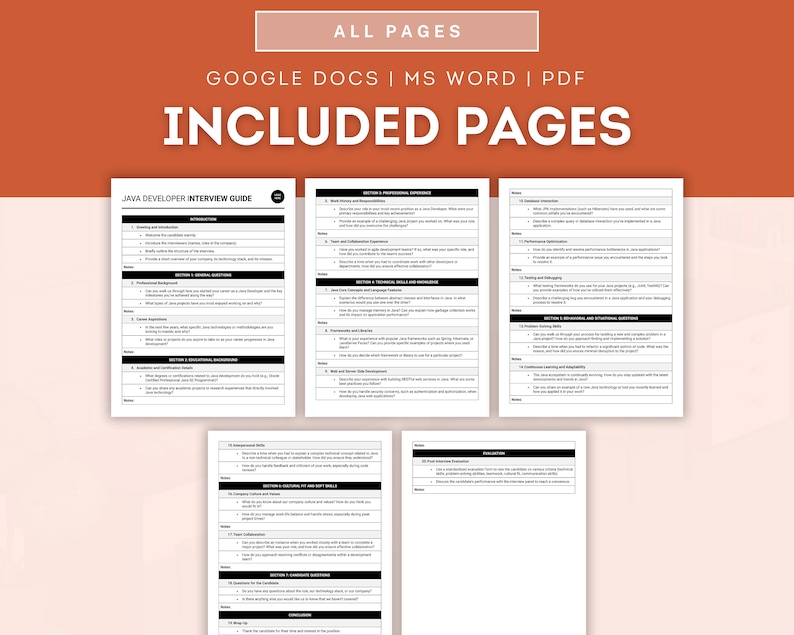 May include: A black and white guide with the title "Java Developer Interview Guide" on a white background. The guide includes sections on introduction, educational background, technical skills and experience, behavioral and situational questions, and a final interview evaluation.