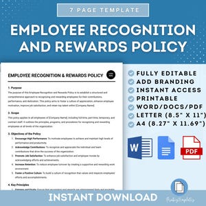 May include: A blue and white printable template for an employee recognition and rewards policy. The template is fully editable and includes a 7-page document. The text on the template reads "Employee Recognition and Rewards Policy".