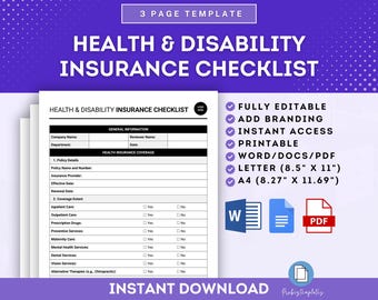 Health And Disability Insurance Checklist Template, Insurance Coverage Checklist, Employee Health Insurance Guide, Health Coverage Checklist