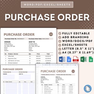 May include: A purchase order template in a Word document format. The template is fully editable and can be used to create purchase orders for a variety of businesses. The template includes fields for the vendor, ship to, product/service, quantity, price, and total. The template is also available in PDF, Excel, and Google Sheets formats.