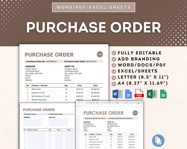 Purchase Order Template for Business, Customizable PO Form for ...