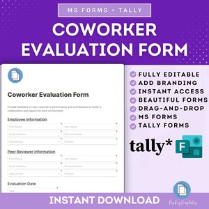 Puede incluir: Una descarga digital púrpura y blanca para un formulario de evaluación de compañeros de trabajo. El formulario es totalmente editable, incluye marca y acceso instantáneo. El formulario está diseñado para Microsoft Forms y Tally Forms.