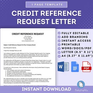 Puede incluir: Plantilla de carta de solicitud de referencia de crédito con el título "CREDIT REFERENCE REQUEST LETTER" en texto blanco sobre fondo morado. La plantilla incluye campos editables, opciones imprimibles y está disponible en formatos Word/DOCS/PDF, en tamaños A4 (21 x 29,7 cm) y carta (21,59 x 27,94 cm).