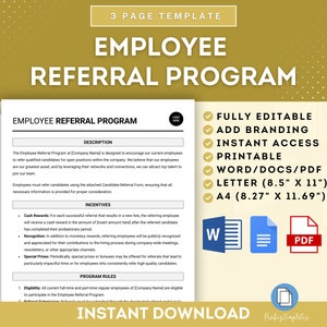 Puede incluir: Una plantilla de programa de referencia de empleados en blanco y gris con el título "Employee Referral Program". La plantilla incluye secciones para la descripción, los incentivos y las reglas del programa. Es totalmente editable, imprimible y está disponible en formatos Word/Docs/PDF, con tamaños Carta (21,6 cm x 27,9 cm) y A4 (21 cm x 29,7 cm).