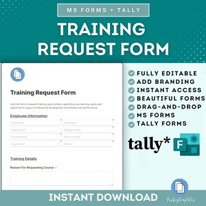 Peut inclure: Un modèle de formulaire de demande de formation blanc avec le texte "Training Request Form" et "Employee Information" et "Training Details". Le formulaire est conçu pour être utilisé avec Microsoft Forms et Tally.