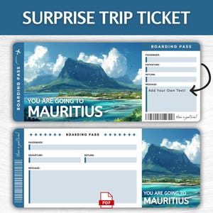 Billet cadeau surprise à l'île Maurice, carte d'embarquement pour les vacances sur l'île Maurice, pass escapade à l'île Maurice, idée cadeau voyage tropical