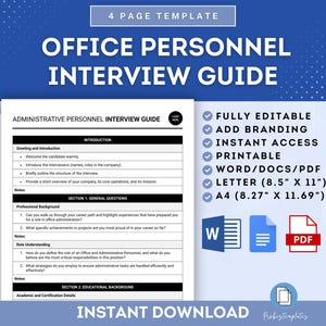 May include: A printable interview guide for administrative personnel. The guide includes sections for greeting and introduction, professional background, role understanding, and educational background. The guide is available in Word, PDF, and Letter sizes.