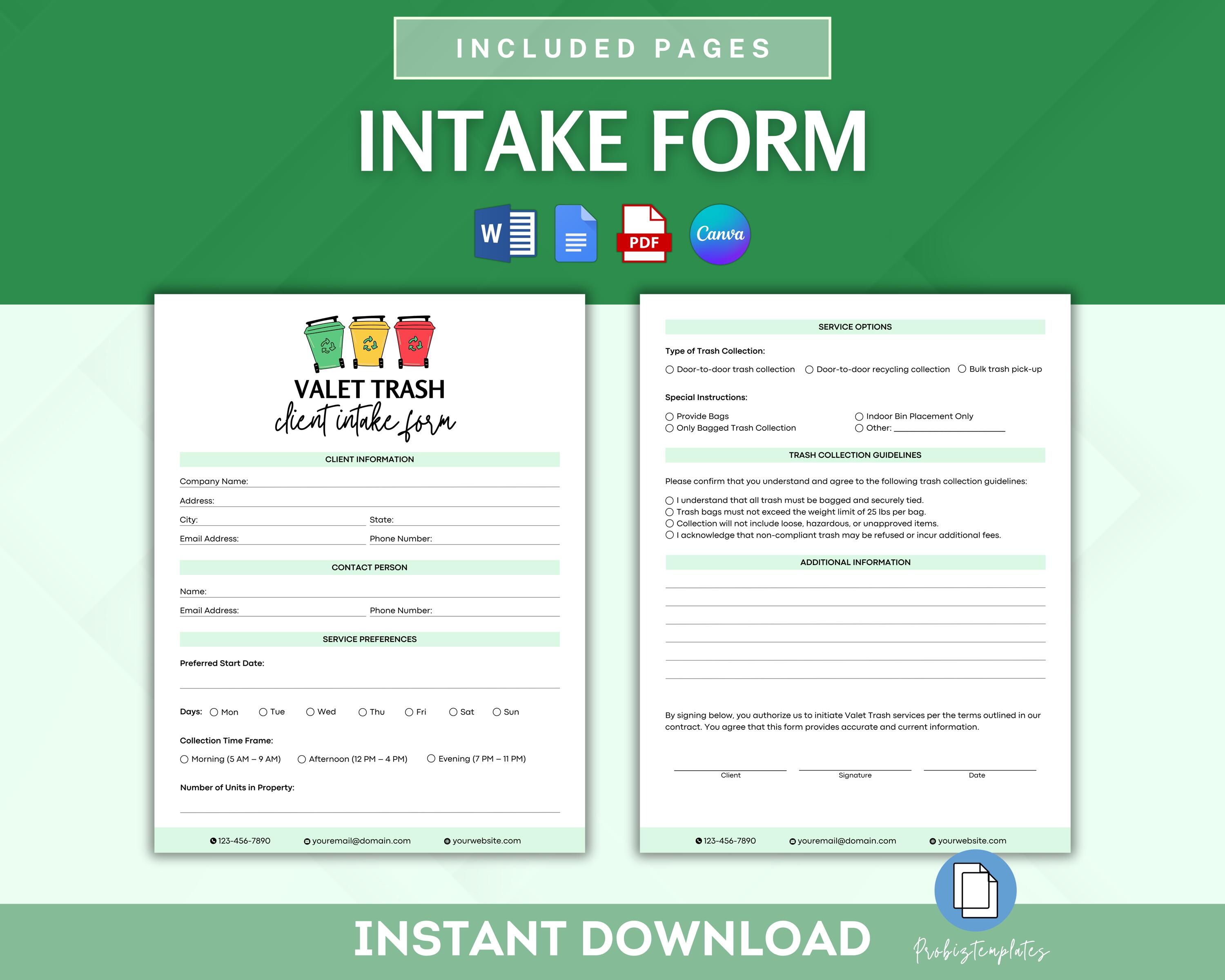 Valet Trash Contract Bundle, Trash Service Agreement Template, Building ...