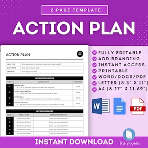 May include: A black and white printable action plan template with the title "Action Plan" in bold, large font. The template includes sections for objective, start date, end date, action steps overview, and key responsibilities. The template is available in Word, PDF, and Letter sizes.