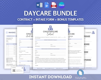 May include: A blue and white printable daycare bundle with a contract, intake form, and bonus templates. The bundle includes a daycare contract, a client intake form, and a package template.