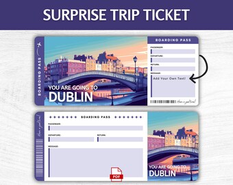 Billete de regalo sorpresa para Dublín imprimible, tarjeta de embarque editable para vacaciones en Irlanda, pase imprimible para escapadas a Dublín, billete de regalo para viajes a Irlanda