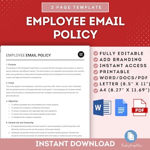 Puede incluir: Una plantilla imprimible en rosa y blanco para una política de correo electrónico para empleados. La plantilla es totalmente editable e incluye opciones de marca. La plantilla está disponible en los formatos Word, PDF, Carta (8,5" x 11") y A4 (8,27" x 11,69").