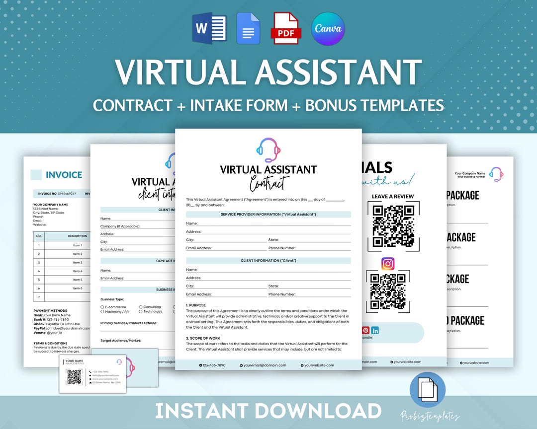 Virtual Assistant Contract Bundle, Remote Work Agreement Template, VA ...