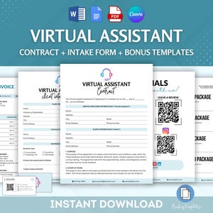 May include: A blue and green digital download product for virtual assistants. The product includes a contract, intake form, and bonus templates. The text "VIRTUAL ASSISTANT" is in a large, bold font.