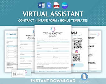 May include: A blue and green digital download product for virtual assistants. The product includes a contract, intake form, and bonus templates. The text "VIRTUAL ASSISTANT" is in a large, bold font.