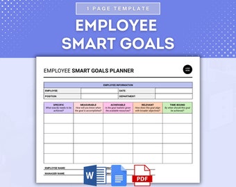 May include: A printable employee smart goals planner template with sections for employee information, specific, measurable, achievable, relevant, and time-bound goals. The template is available in both Word and PDF formats.
