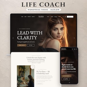 May include: A digital display of the Life Coach WordPress theme named Marlow, featuring a laptop screen showing a website with the text Lead With Clarity and a mobile phone screen displaying programme details, all set against a neutral background.