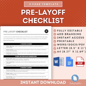 Pre-Layoff Checklist Template, Employee Layoff Preparation, Layoff Checklist, Pre-Layoff Planning, Layoff Documentation Checklist Template