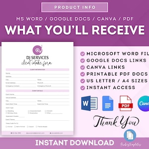 May include: A pink and white printable DJ client intake form template. The form includes sections for client information, event details, and contact information. The text "DJ Services client intake form" is at the top of the form. The text "Instant Download" is at the bottom of the form.