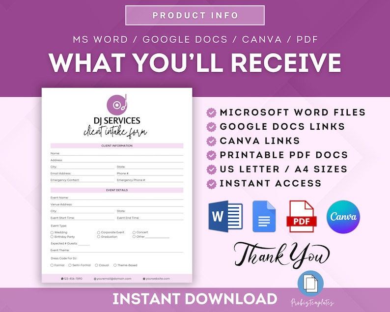 May include: A pink and white printable DJ client intake form template. The form includes sections for client information, event details, and contact information. The text "DJ Services client intake form" is at the top of the form. The text "Instant Download" is at the bottom of the form.