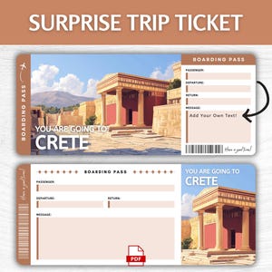 Billet cadeau imprimable Crète surprise, carte d'embarquement pour les vacances en Grèce modifiable, pass escapade en Crète imprimable, billet cadeau voyage en Grèce