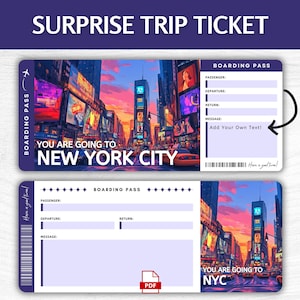 Boleto de regalo sorpresa para la ciudad de Nueva York imprimible, pase de embarque editable para vacaciones en la ciudad de Nueva York, pase imprimible para escapadas a Nueva York, boleto de regalo para viajes a EE. UU.