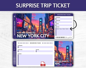 Printable New York City Surprise Gift Ticket, Editable NYC Vacation Boarding Pass, Printable New York Getaway Pass, USA Trip Gift Ticket