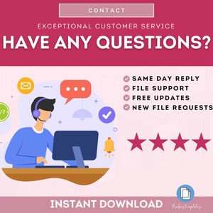 May include: Illustration of a customer service representative wearing a headset and sitting at a computer. The text "HAVE ANY QUESTIONS?" is displayed above the illustration. The text "SAME DAY REPLY", "FILE SUPPORT", "FREE UPDATES", and "NEW FILE REQUESTS" are listed below the illustration. Five red stars are displayed below the text.