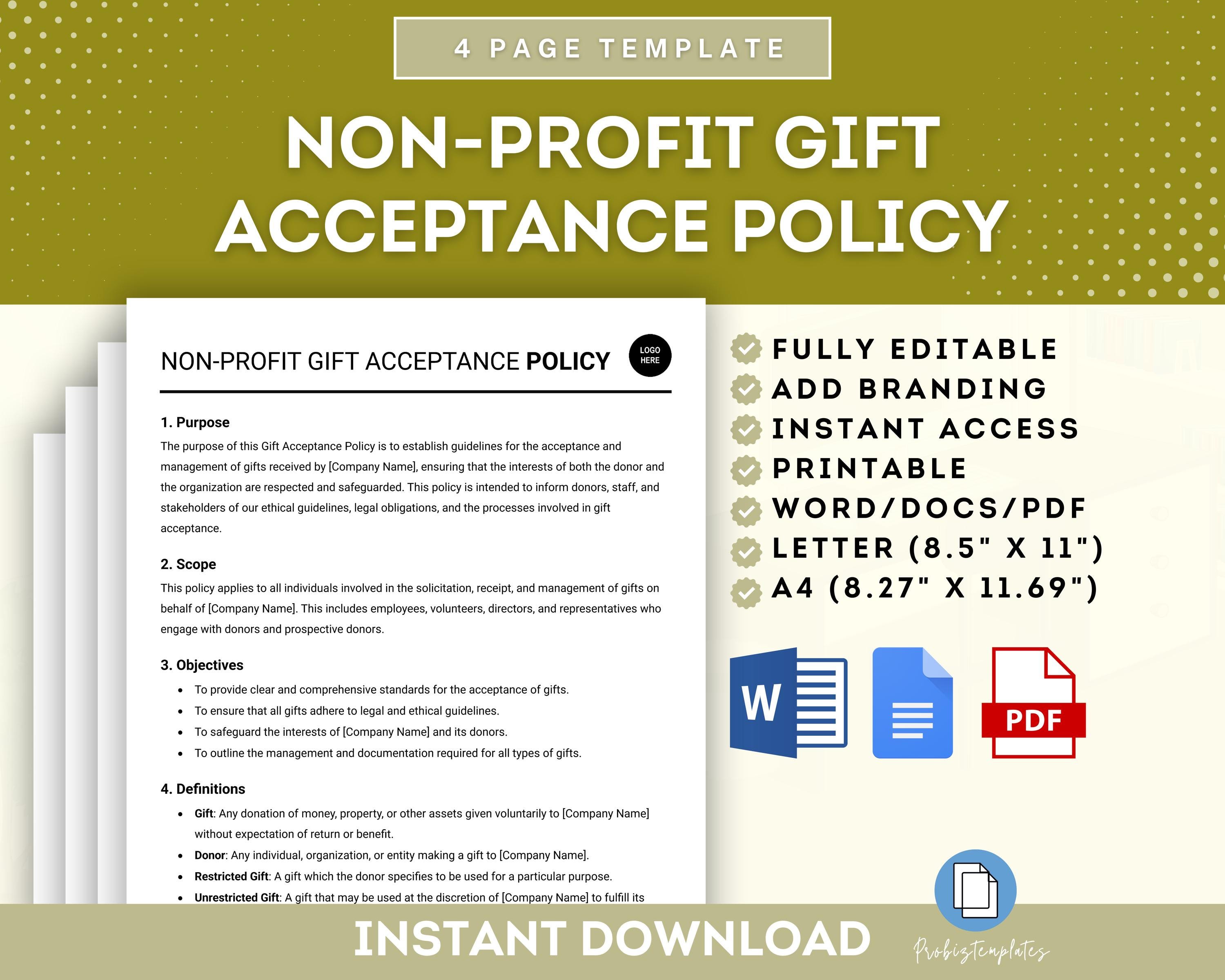 Gift Policy Example Non-profit Gift Acceptance Policy, Charity Gift Policy Template, Non ...