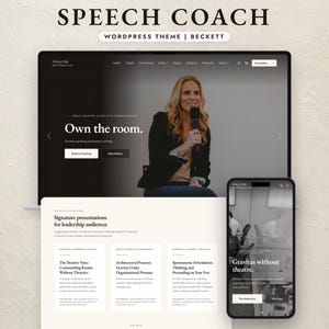 Puede incluir: Una visualización digital del tema de WordPress Speech Coach de Beckett, con una pantalla de portátil que muestra un sitio web con una oradora y el texto Own the room, junto a una pantalla de móvil que muestra el texto Gravitas without theatre.