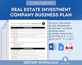 Könnte beinhalten: Eine blaue und weiße Vorlage für einen Businessplan einer Immobilieninvestitionsgesellschaft. Die Vorlage ist vollständig editierbar, druckbar und in den Formaten Word, PDF und Letter verfügbar. Der Text auf der Vorlage lautet "Businessplan der Immobilieninvestitionsgesellschaft" und "Sofort-Download".