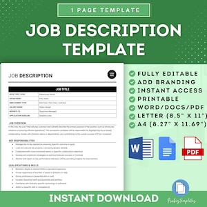 Puede incluir: Una plantilla de descripción de trabajo imprimible en verde y blanco con una lista de características, que incluyen totalmente editable, agregar marca, acceso instantáneo, imprimible, word/docs/pdf, carta (8,5" x 11") y A4 (8,27" x 11,69").