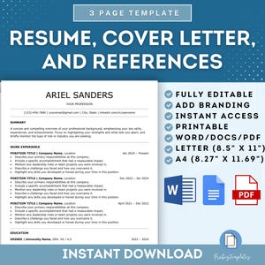 Plantilla de CV, carta de presentación y referencias, plantilla de CV moderna, plantilla de CV compatible con ATS, plantilla de CV personalizable para solicitantes de empleo