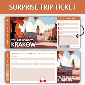Printable Krakow Surprise Gift Ticket, Editable Poland Vacation Boarding Pass, Printable Krakow Getaway Pass, Poland Trip Gift Ticket