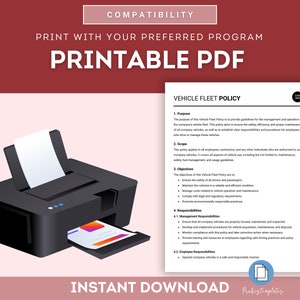May include: Printable PDF document with a black and white illustration of a printer. The document is titled "Vehicle Fleet Policy" and includes sections for purpose, scope, objectives, and responsibilities.