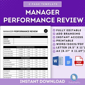 Puede incluir: Una plantilla de evaluación de desempeño de gerente imprimible en blanco y negro con casillas de verificación para calificar diferentes habilidades y competencias. La plantilla está disponible en Word, PDF y tamaño Carta. El texto "FULLY EDITABLE", "ADD BRANDING", "INSTANT ACCESS", "PRINTABLE", "WORD/DOCS/PDF", "LETTER (8.5" X 11")", "A4 (8.27" X 11.69")", y "INSTANT DOWNLOAD" es visible en la página.