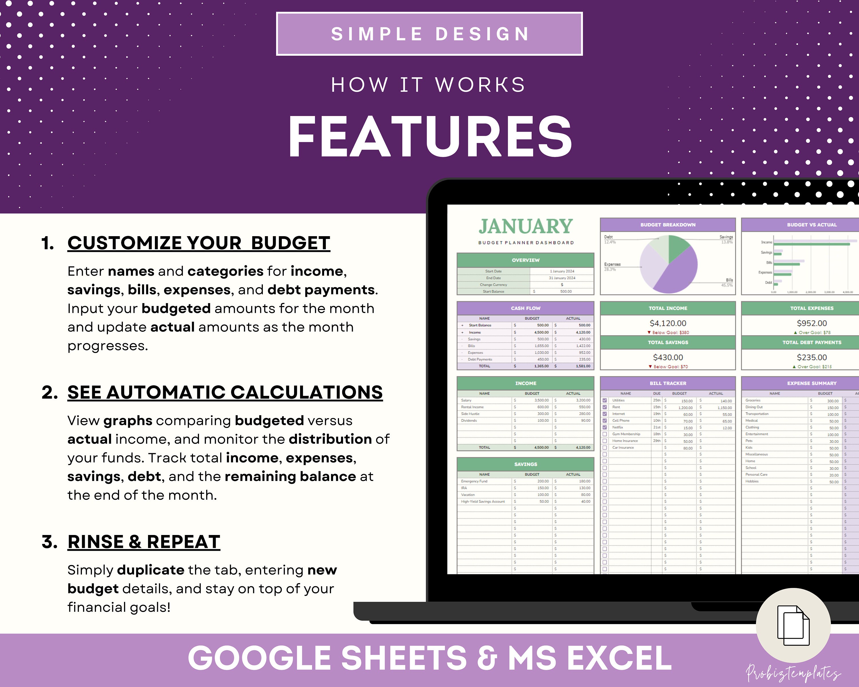 Budget Planner for Google Sheets Excel Monthly Budget Spreadsheet ...