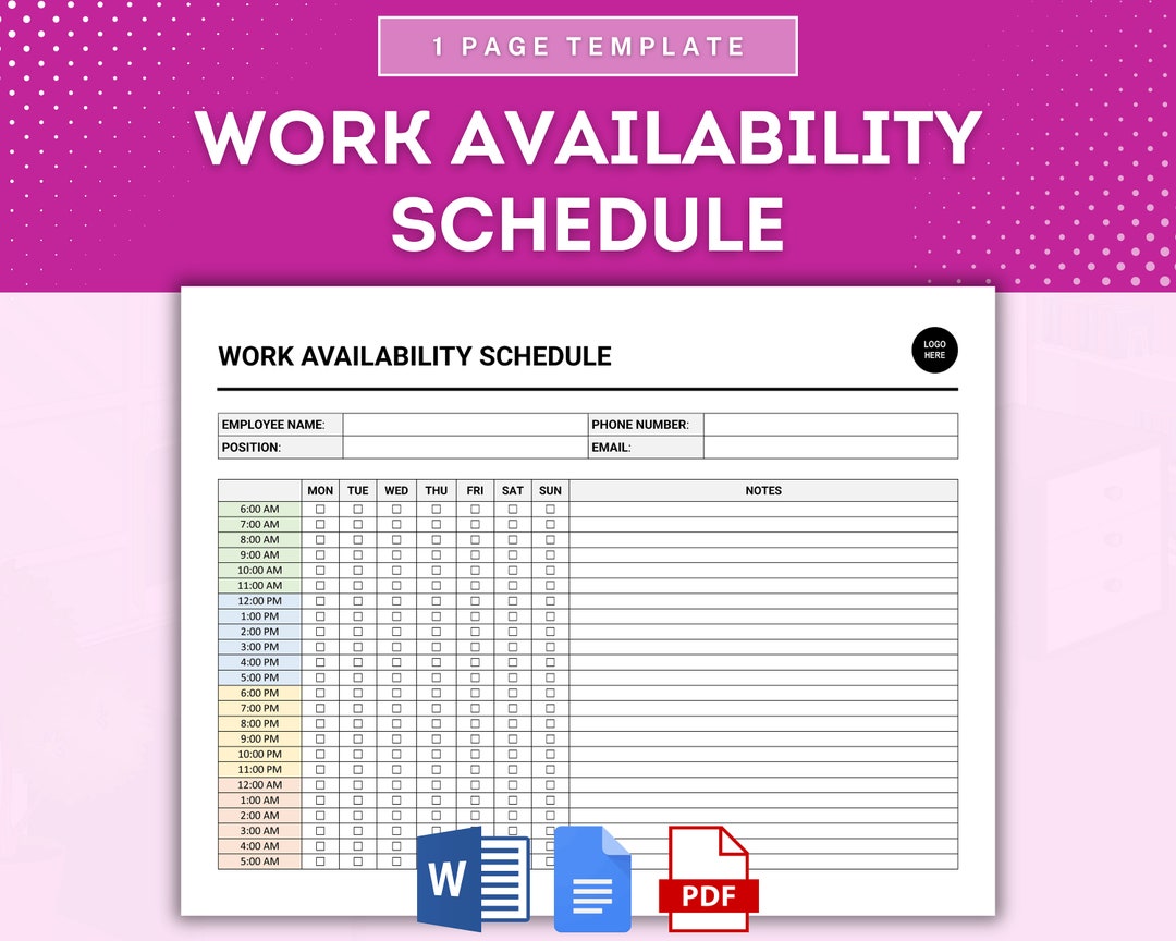 Work Availability Schedule Sheet, Work Availability Tracker, Shift Availability Calendar, Shift ...