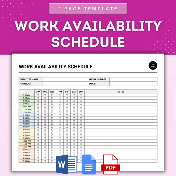 Work Availability Schedule Sheet, Work Availability Tracker, Shift Availability Calendar, Shift Availability Planner, Work Hours Calendar