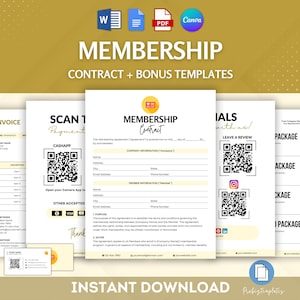 May include: A digital download of a membership contract template with bonus templates. The templates are in a gold and white colour scheme with a modern design. The templates include an invoice, a scan to pay QR code, a membership contract, a testimonials page, and a package page.