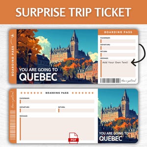 Billet cadeau imprimable Québec surprise, carte d'embarquement modifiable pour les vacances au Canada, laissez-passer imprimable escapade au Québec, billet cadeau voyage au Canada