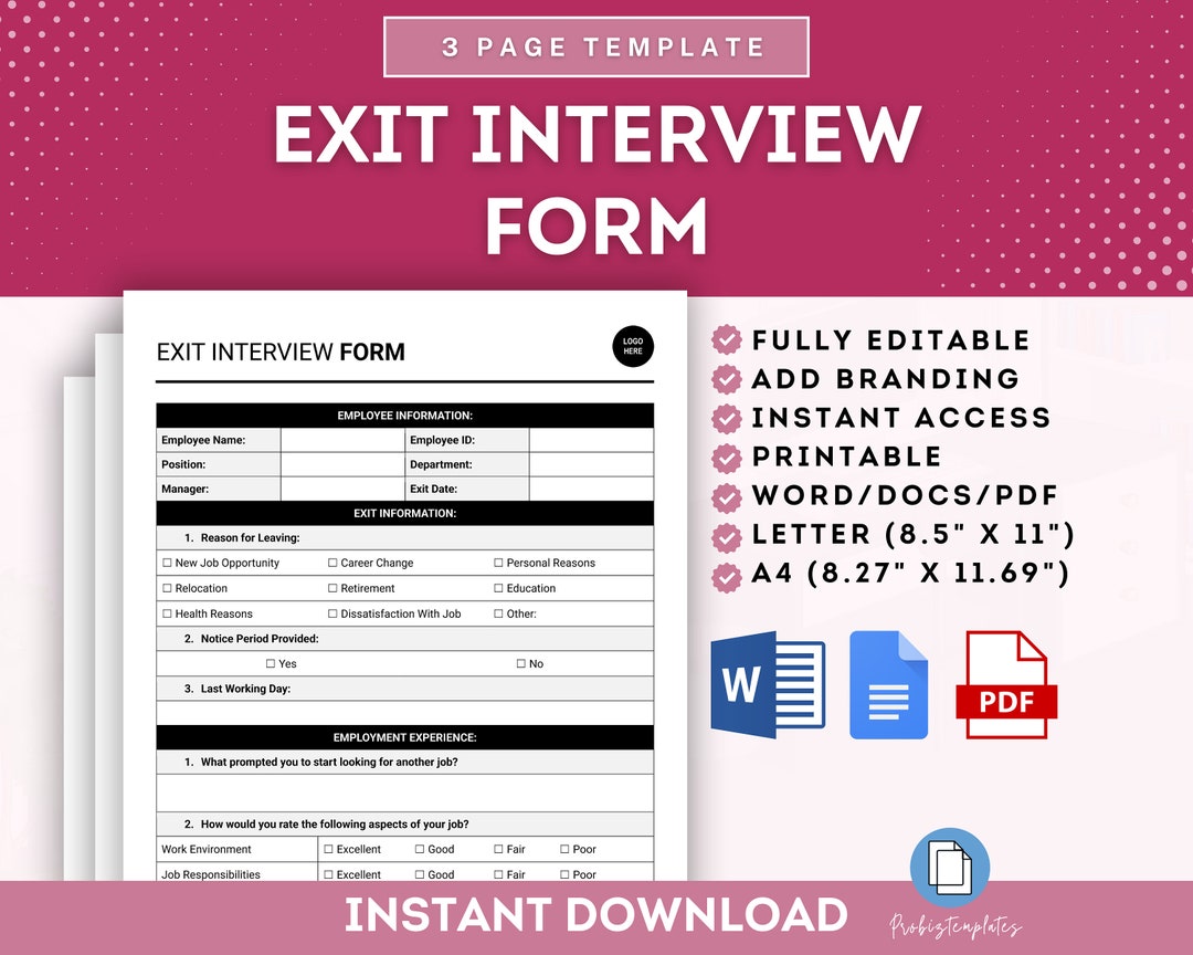 Exit Interview Form Template, Employee Exit Survey, Exit Questionnaire ...