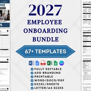 May include: A 2027 employee onboarding bundle featuring 67+ templates including an employee handbook, training plan, job description, 30-60-90 day plan, new hire checklist, and background check authorization. Includes icons for Word, Docs, PDF, Excel, Sheets, and Canva.