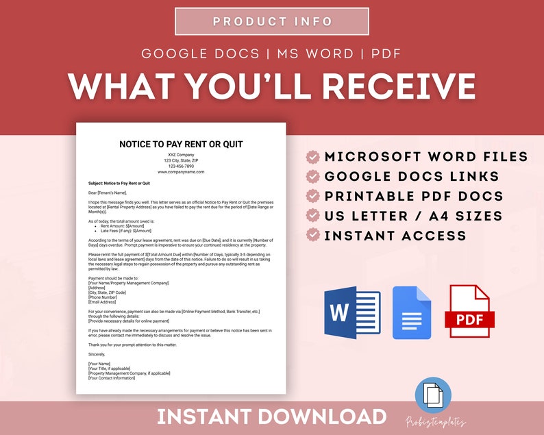 Notice to Pay Rent or Quit Letter, Pay Rent or Vacate Notice, Rent ...